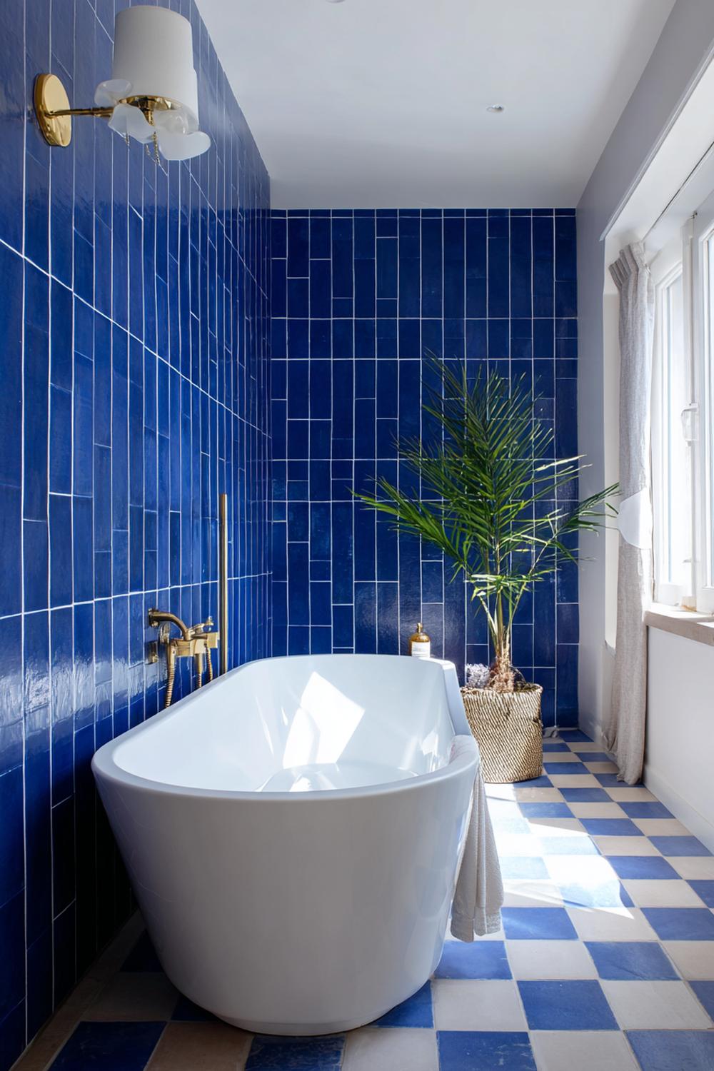 14. Badkamer inspiratie: statement tegelwand in kobaltblauw met witte voegen