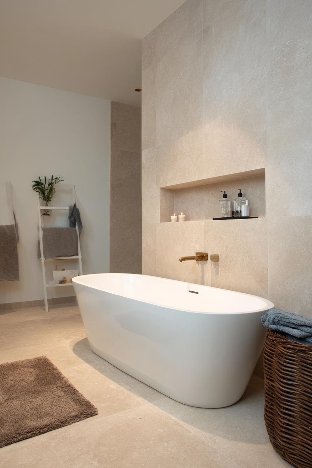 18. Badkamer inspiratie: warme beige badkamer met zandsteenlook en nis