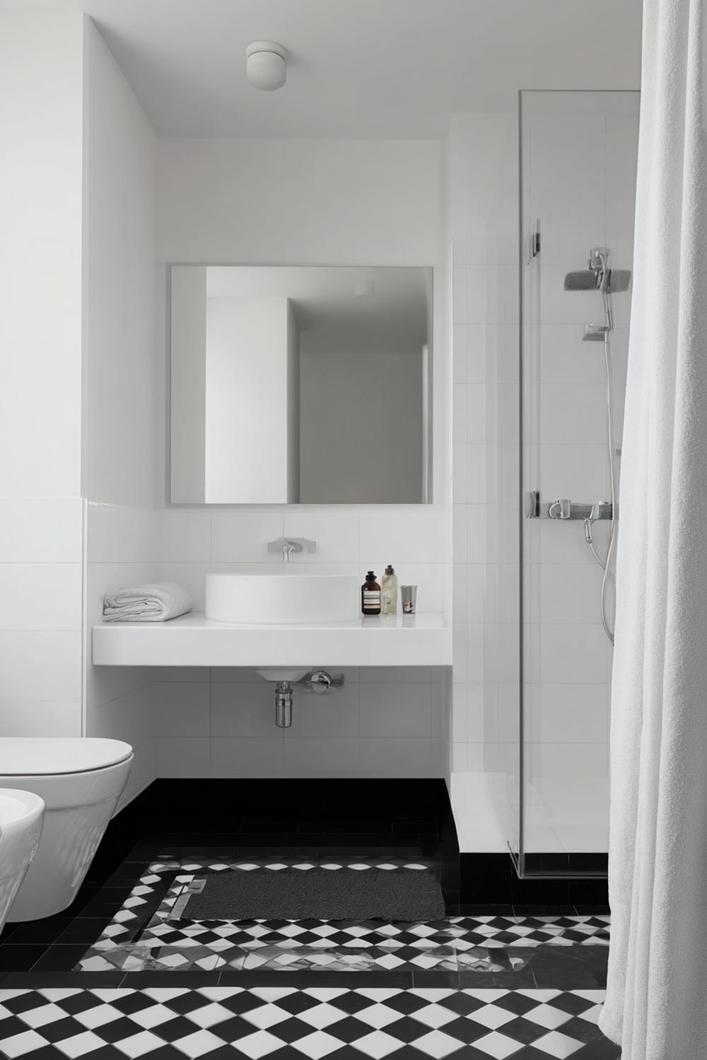 19. Badkamer inspiratie: zwart-wit contrast met grafische vloer en wit sanitair