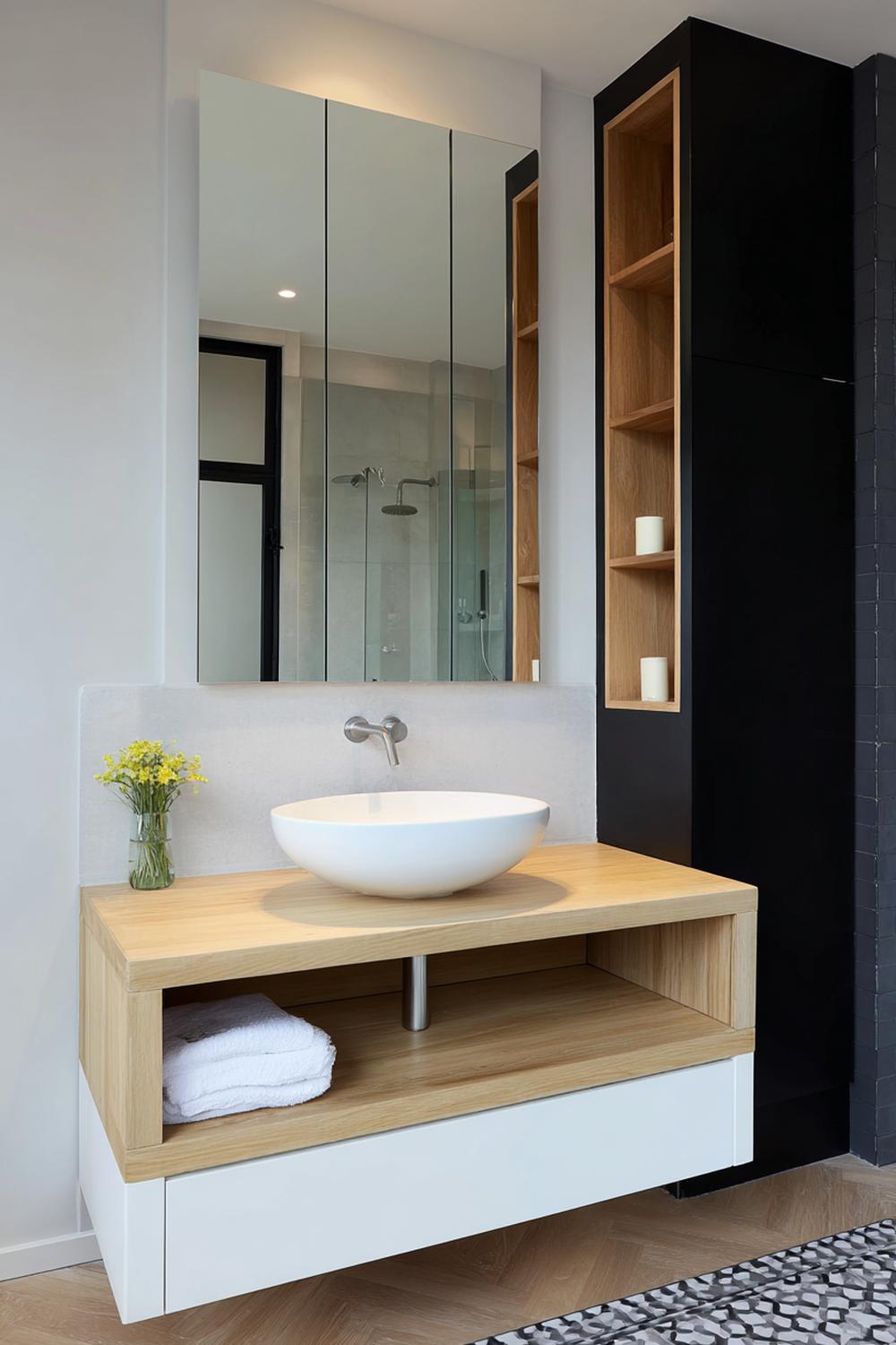 22. Badkamer inspiratie: slimme opbergbadkamer met spiegelkast en hoge kolomkast