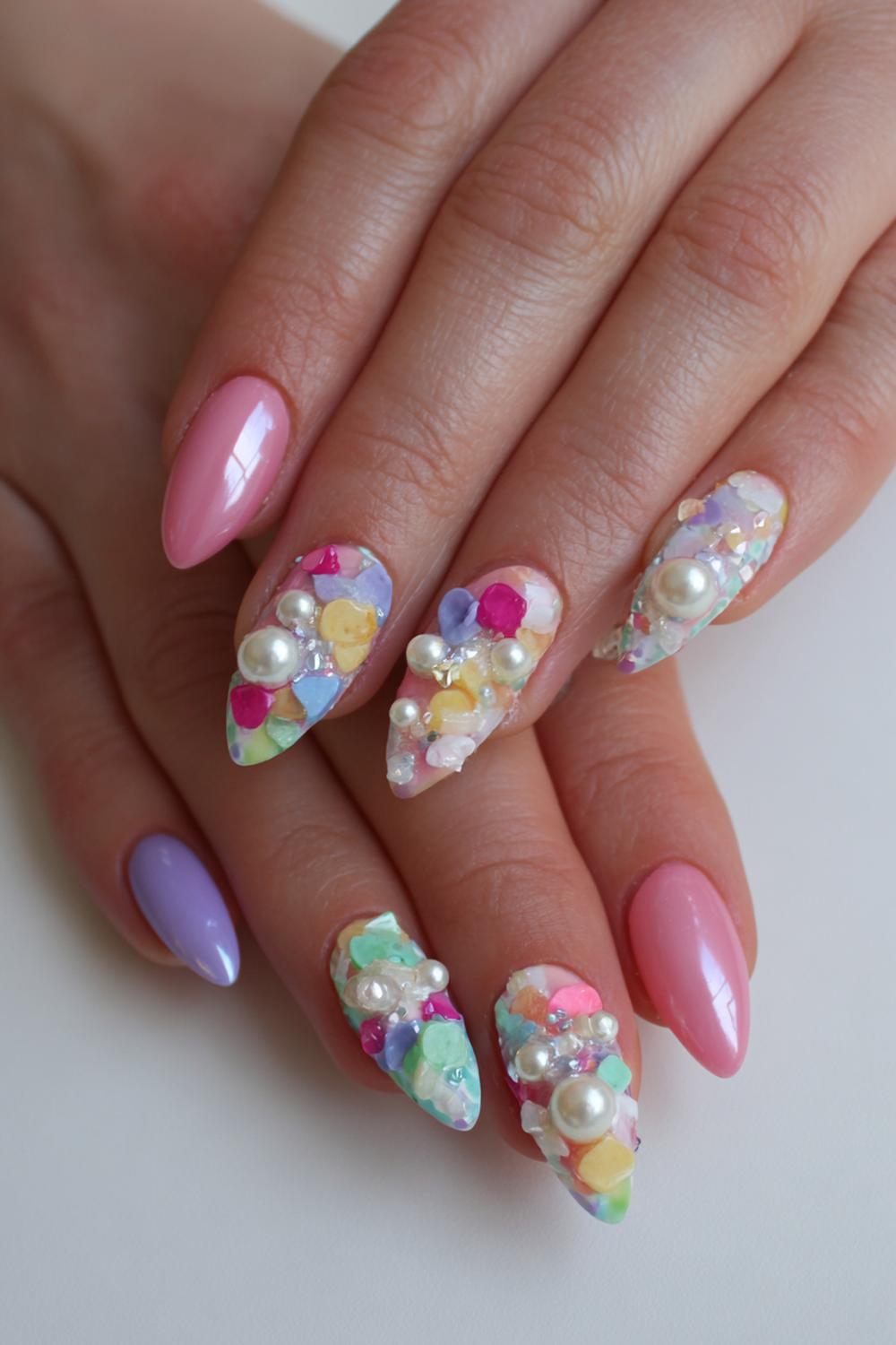 12. Carnaval nagels met 3D parels en pastelconfetti