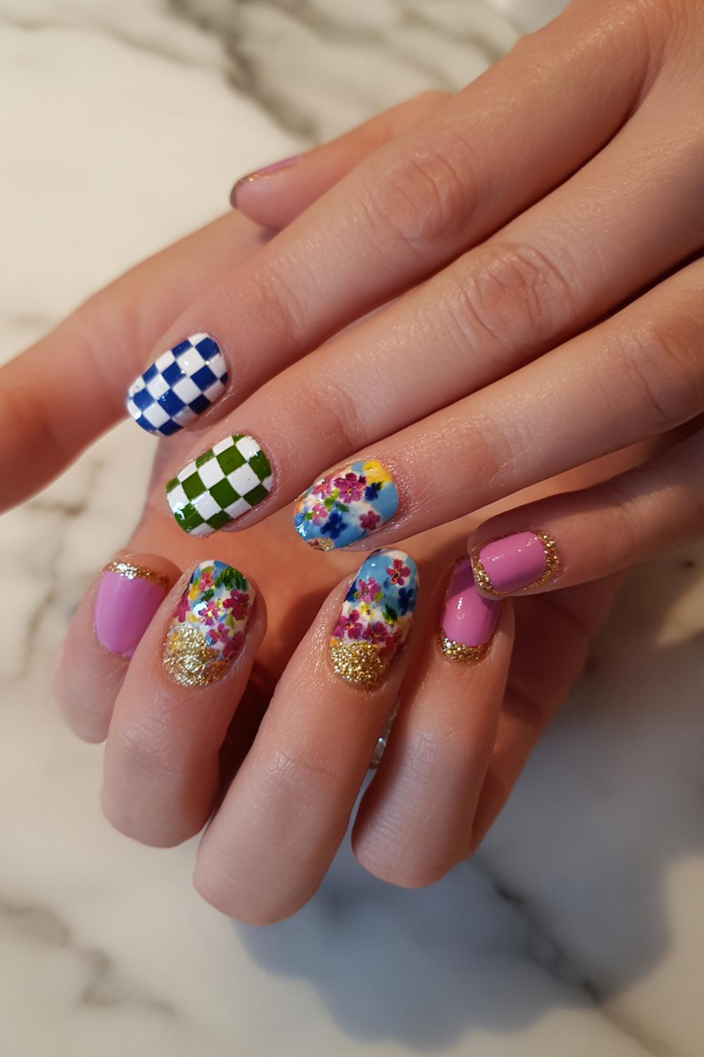 16. Carnaval nagels met checkerboard en glitterrand
