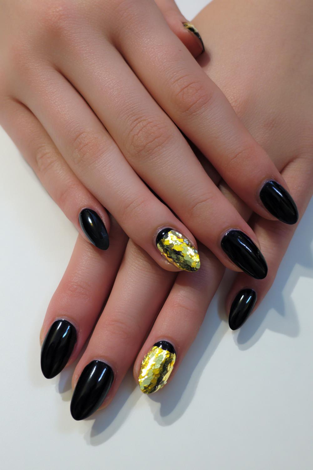 18. Carnaval nagels met gouden kettingdetail en zwarte lak