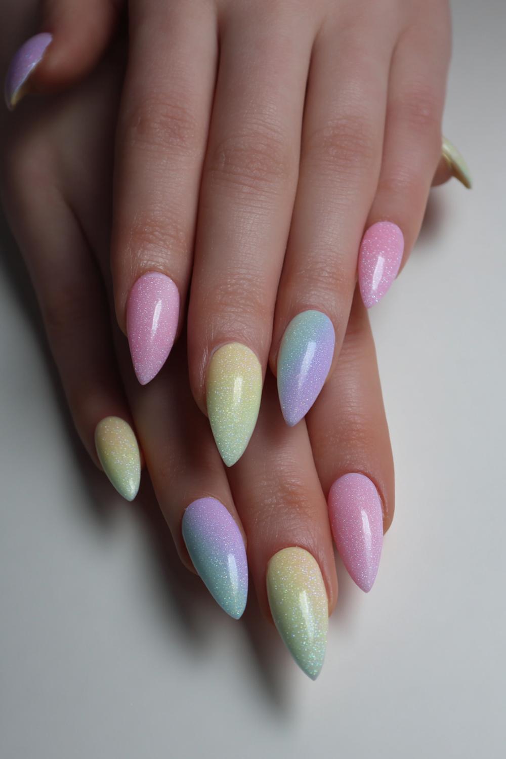 19. Carnaval nagels met pastel ombré en microglitter sluier