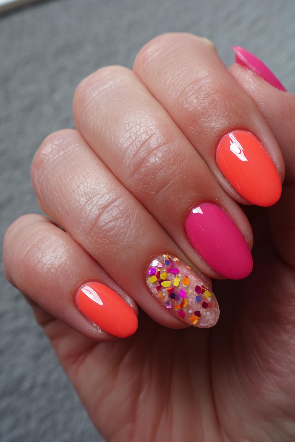 22. Carnaval nagels met bloemenconfetti en feloranje accent