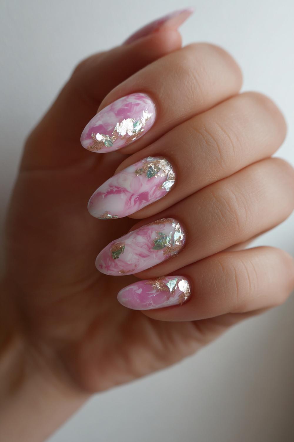 24. Carnaval nagels met rookwolk-marmer en zilveren flakes