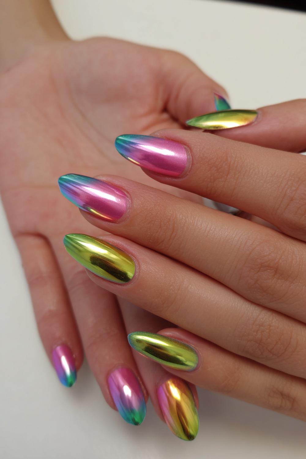 25. Carnaval nagels met multicolor chrome tips en matte basis