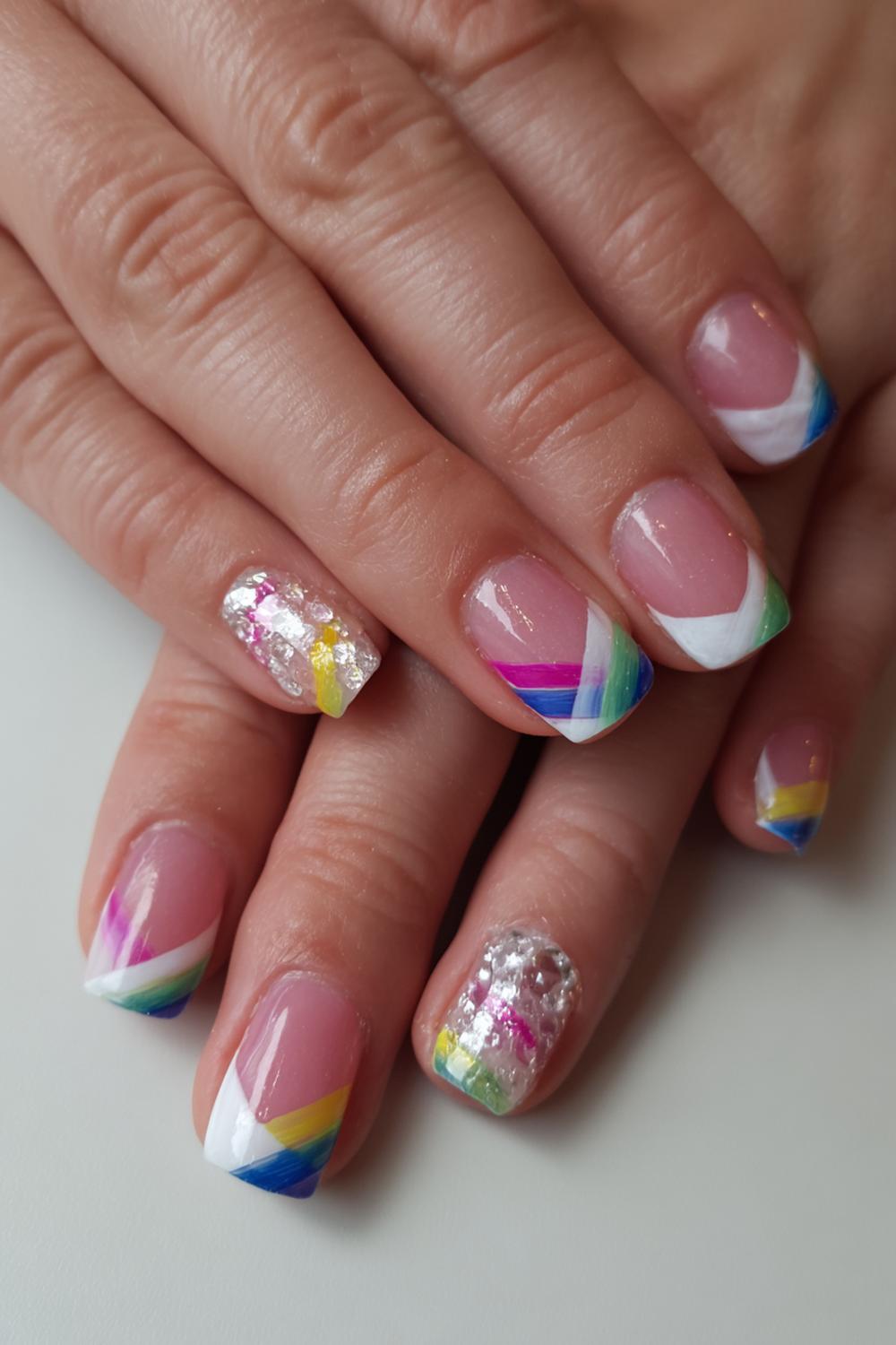 26. Carnaval nagels met regenboog French en kristalaccent