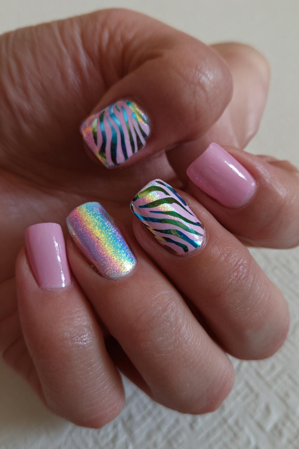 28. Carnaval nagels met zebra strepen en holografische topcoat