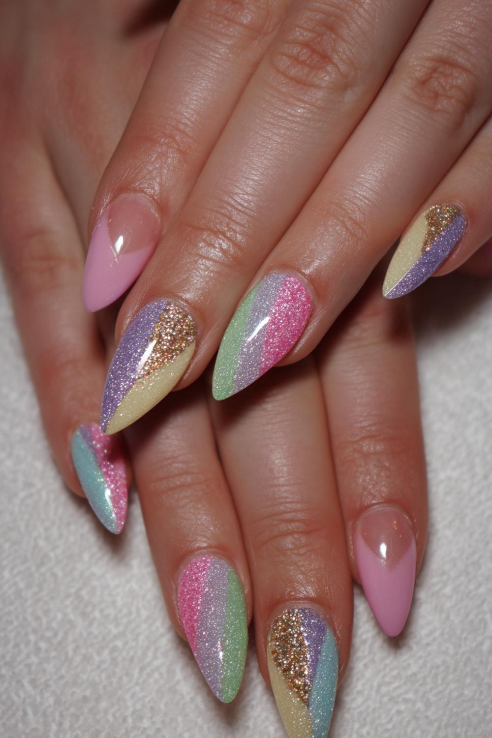 29. Carnaval nagels met pijlvormige colorblocking en glitterpunt