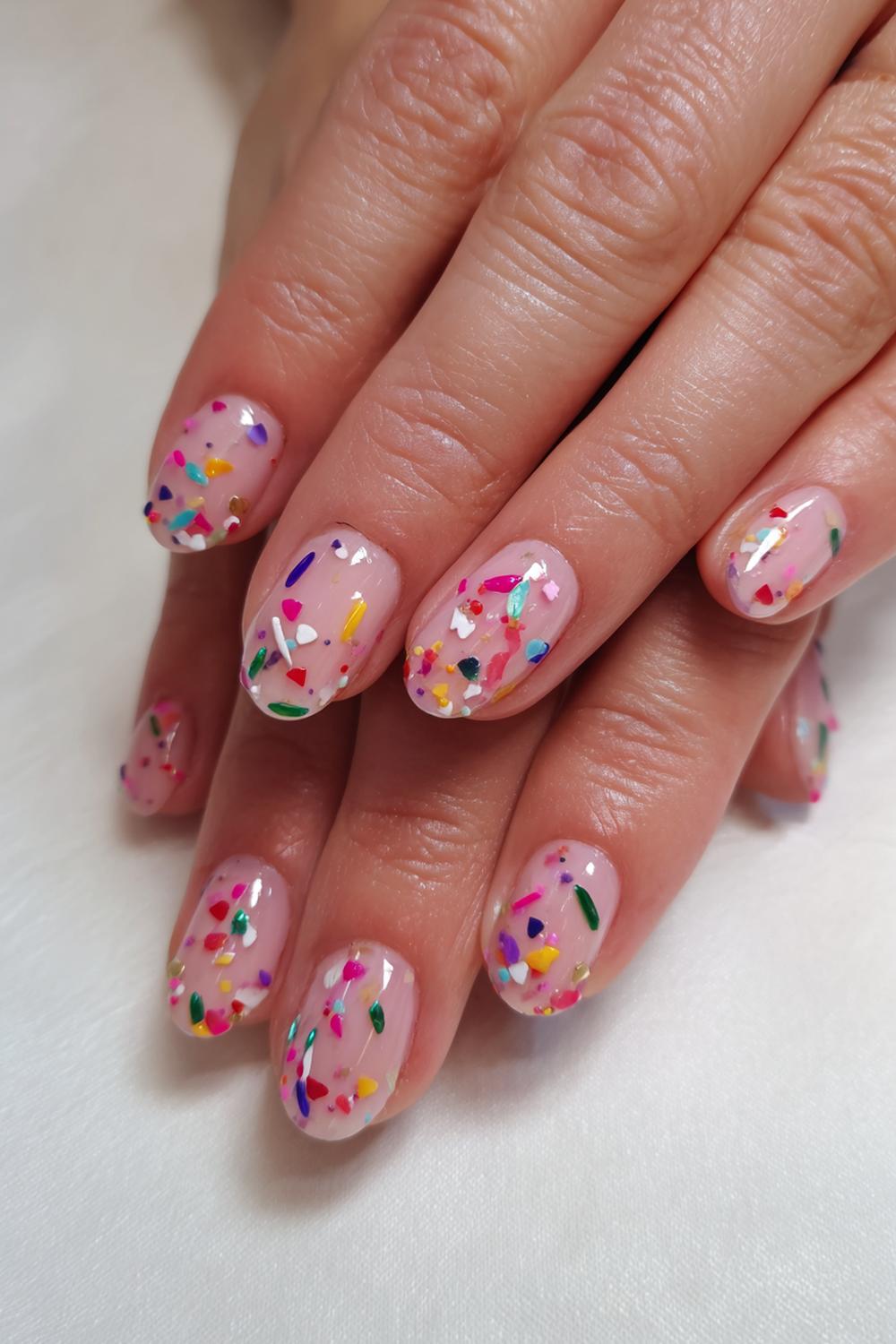 30. Carnaval nagels met mini-slingers en confetti op milky base
