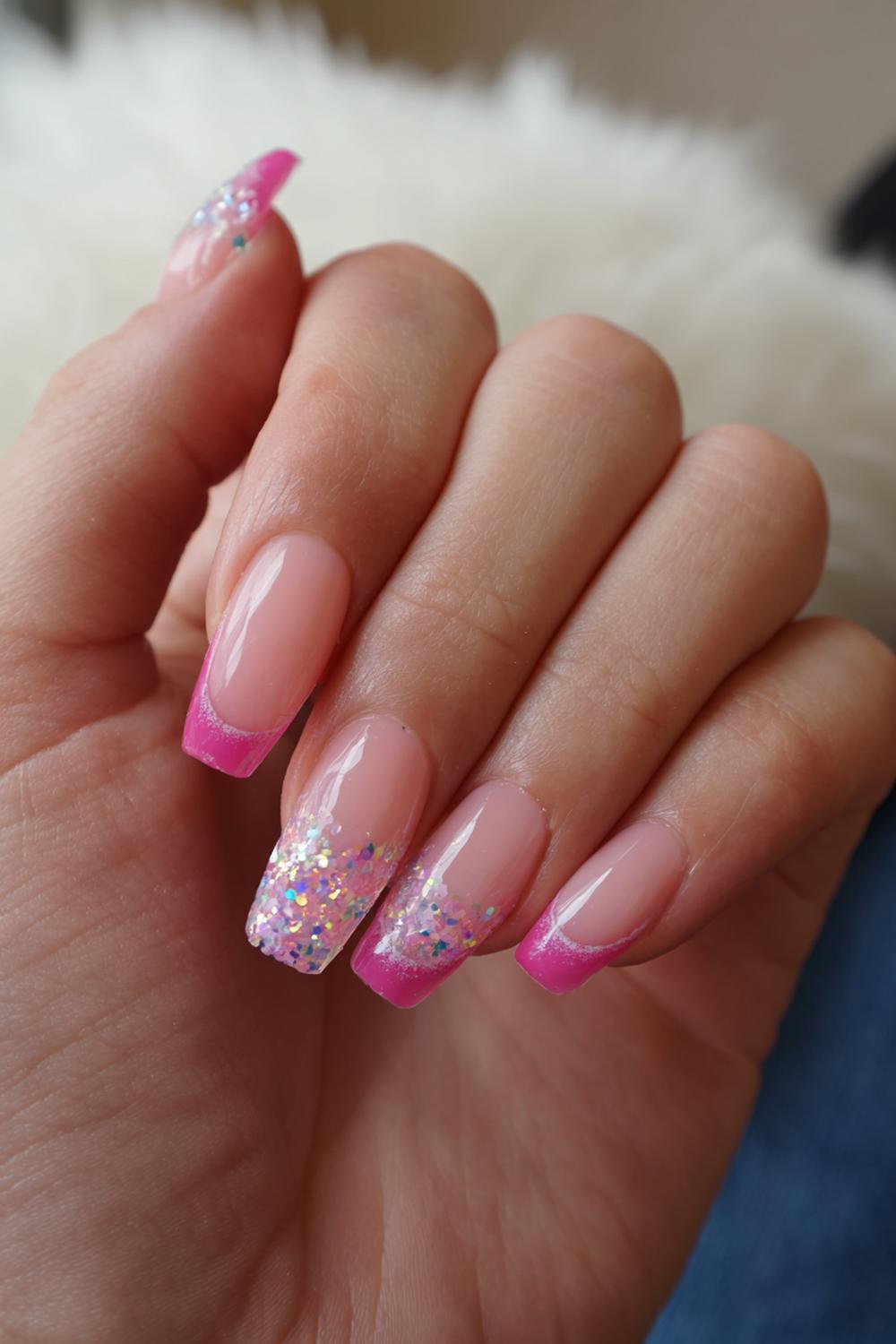 34. Carnaval nagels met microhartjes en roze glitterrand