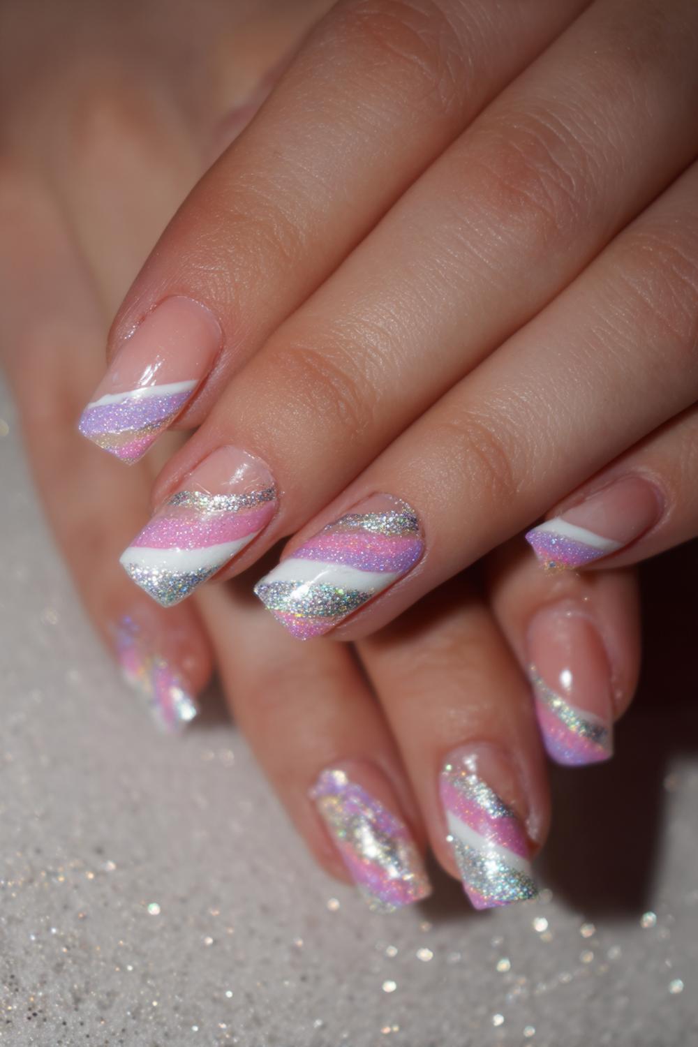 35. Carnaval nagels met vuurwerkstrepen en zilveren vonken