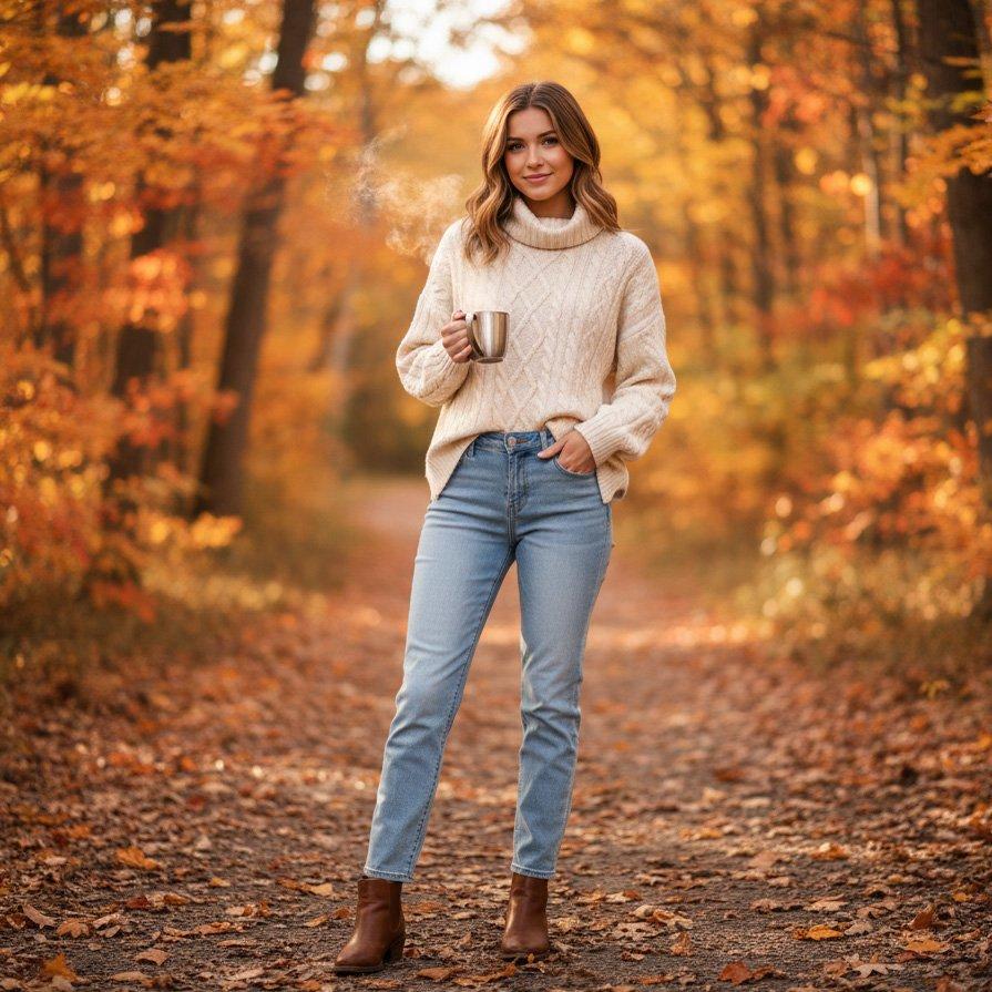 Jeans met gebreide trui casual herfstlook