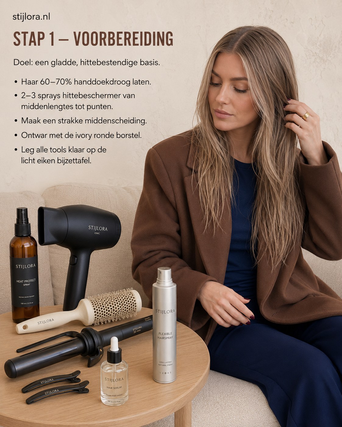 Voorbereiding van champagne blonde balayage golvend haar met hitteschermer en ronde borstel op eiken tafel