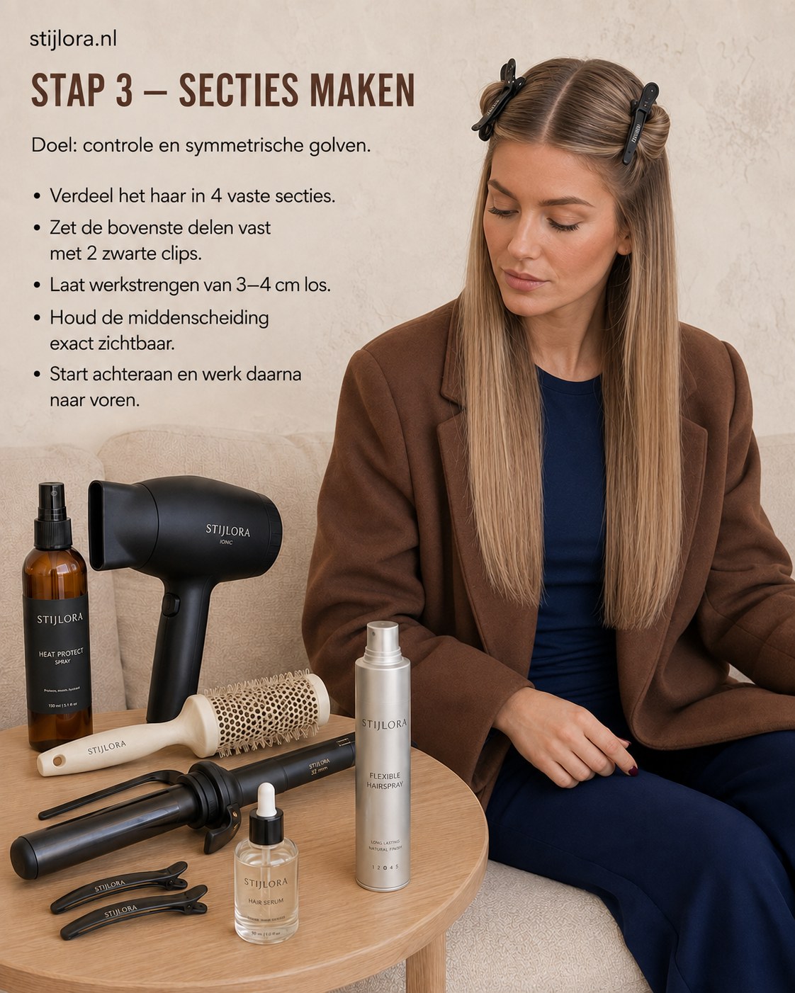 Haar verdelen in vier secties met zwarte clips voor symmetrische champagne blonde balayage golven