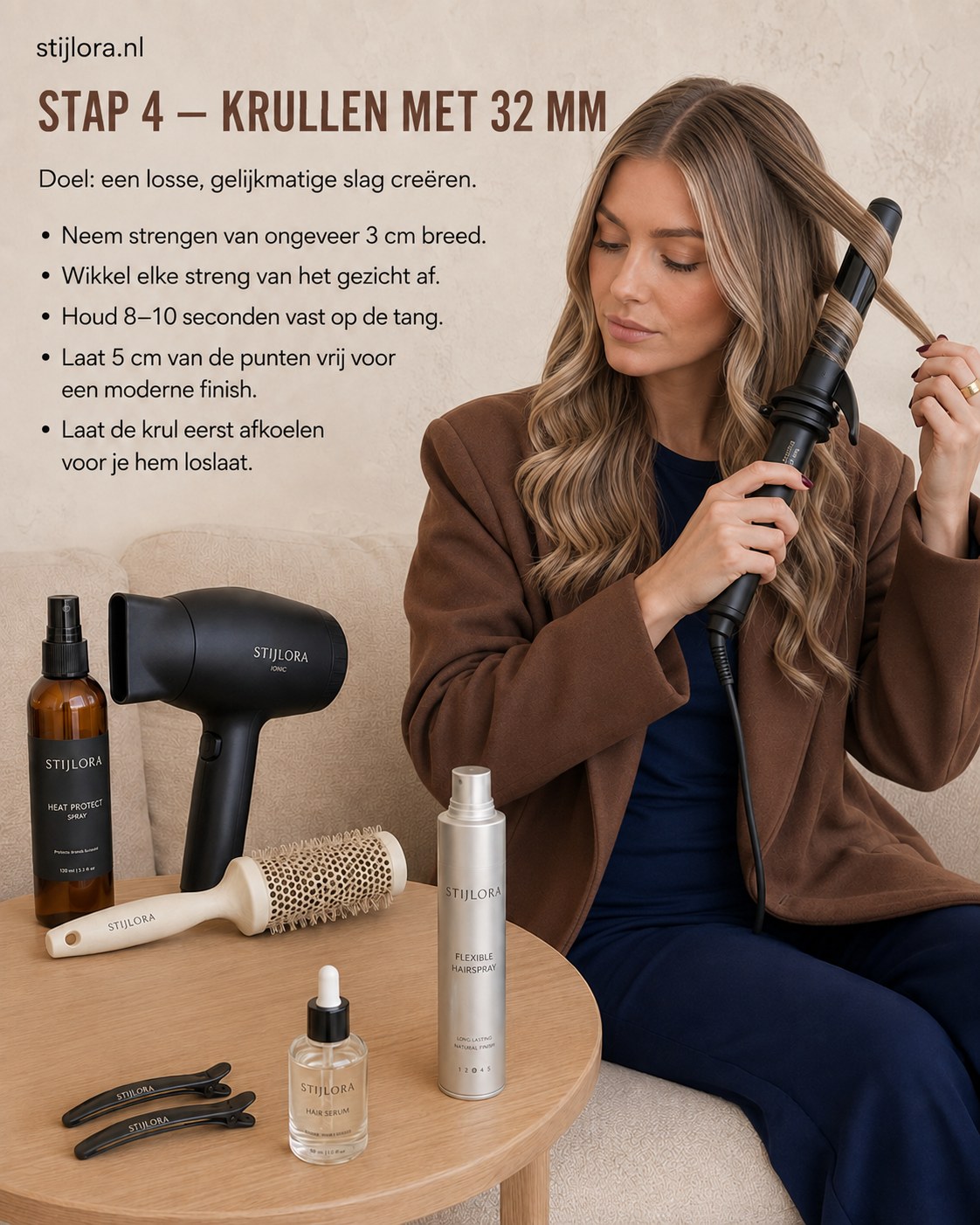 Streng haar krullen met 32 mm tang voor losse golven in champagne blonde balayage haar