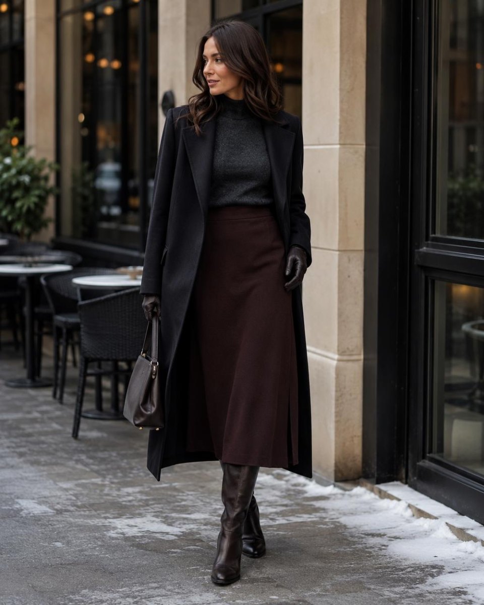 Lange rok met laarzen elegante herfststijl