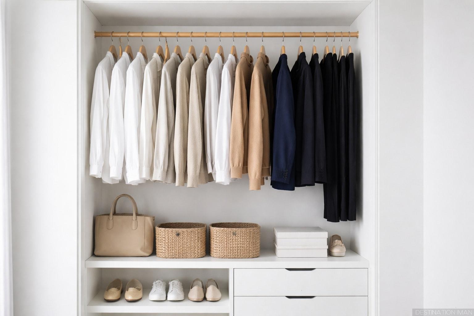 Geordende minimalistische kledingkast