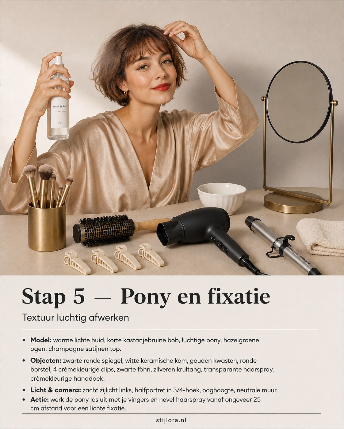 Pony losmaken en fixeren met haarspray voor een luchtige Franse bob met pony