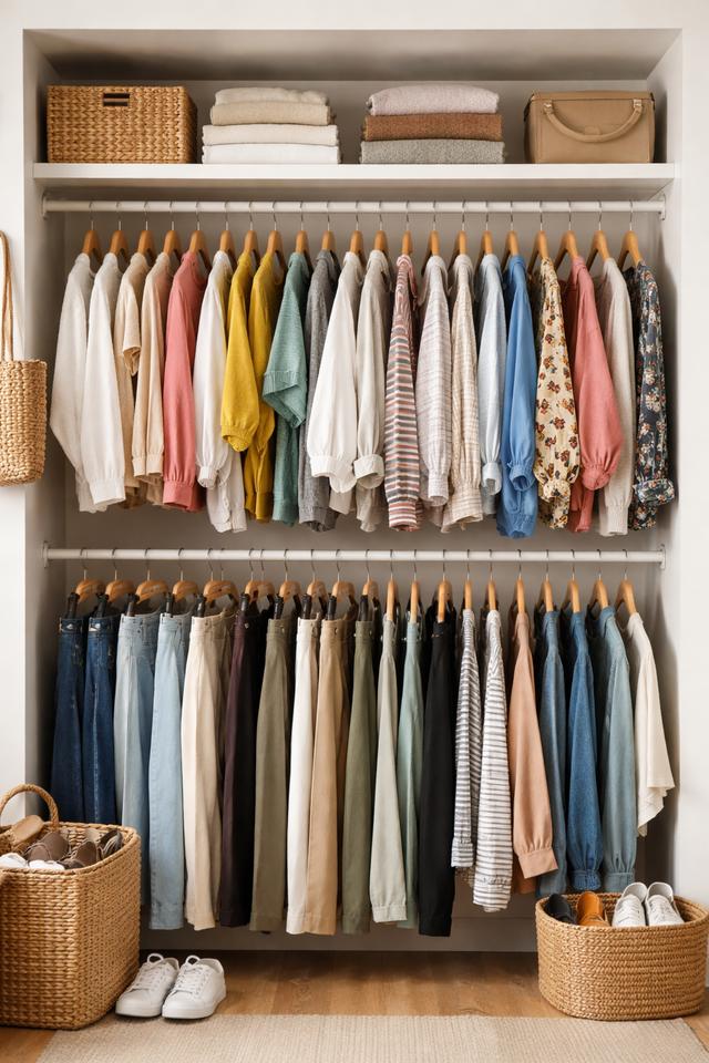 Geordende kleding aan hangers