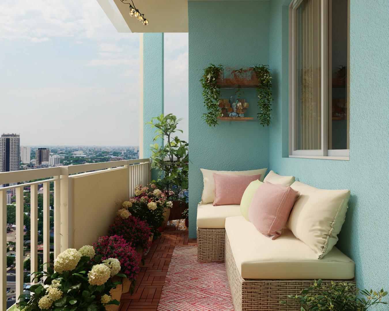 Turquoise Muren Rieten Banken Bloemen