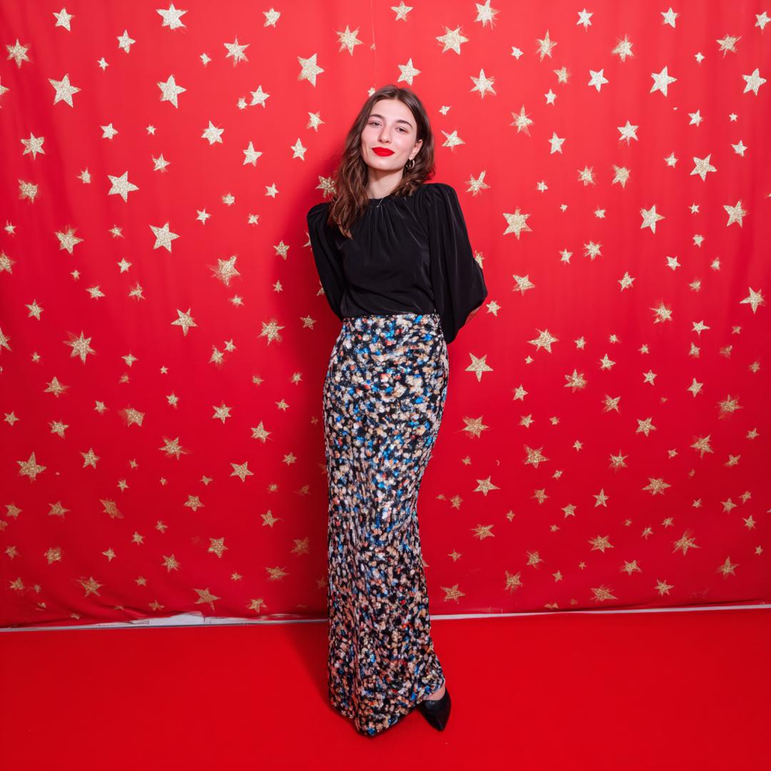 Zwarte Blouse Printrok Rode Achtergrond