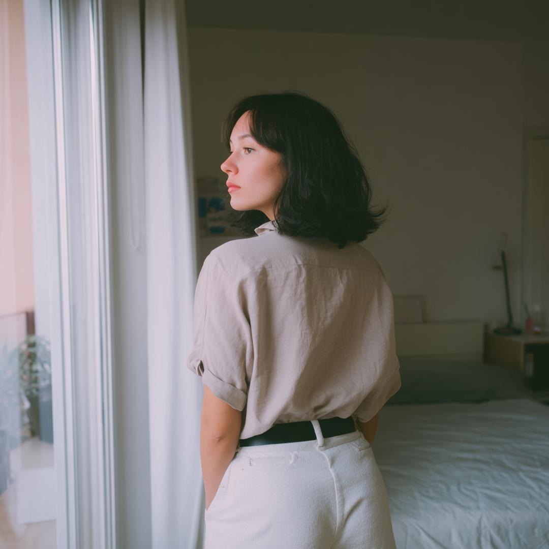 Beige Blouse Witte Broek Raamlicht