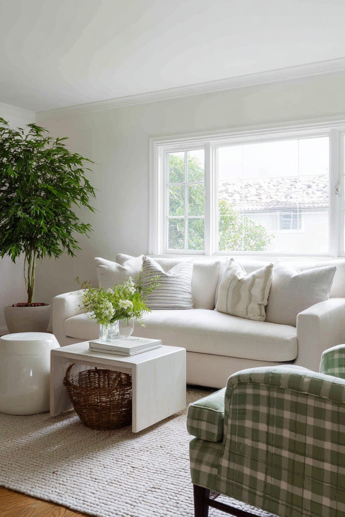 Groen Geruite Fauteuil En Witte Bank