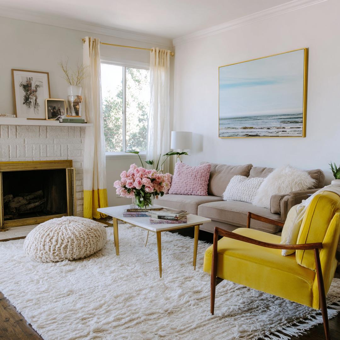 Gele Fauteuils En Wit Hoogpolig Kleed