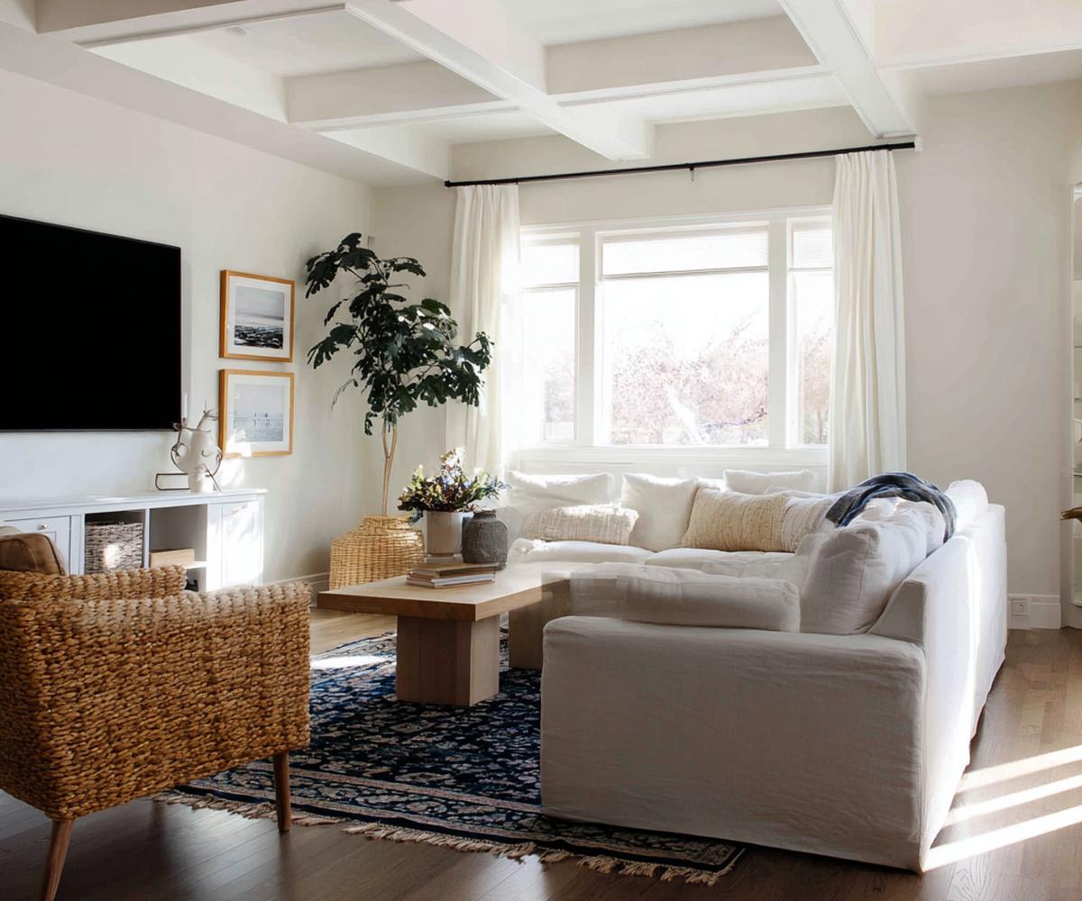 Donkerblauw Vloerkleed En Witte Hoekbank