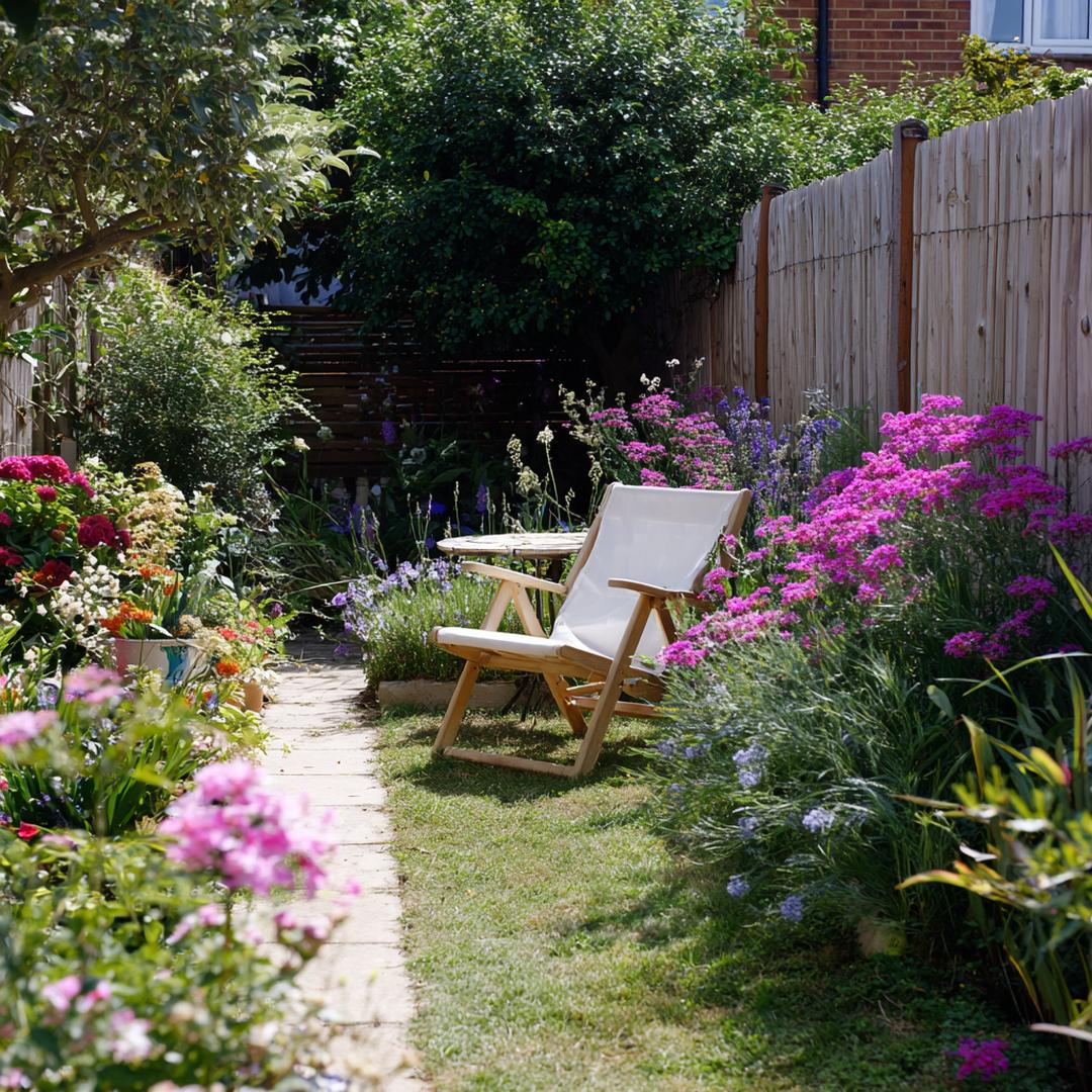 Smal Tuinpad Met Houten Stoelen