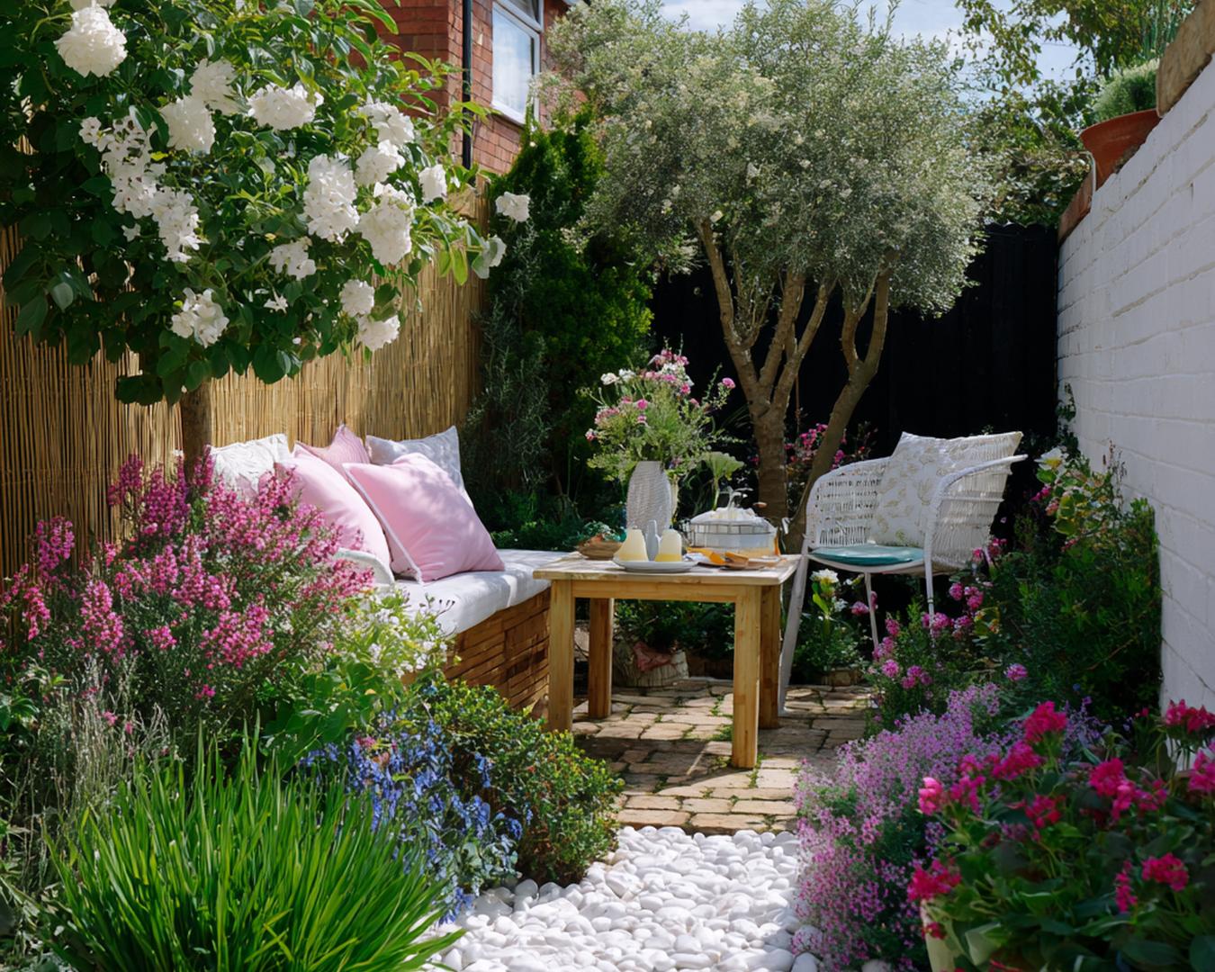 Witte Kiezels En Bloeiende Struiken