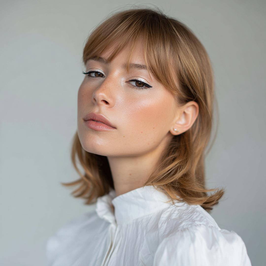 Eyeliner Pony Nude Lippen Glanzende Huid