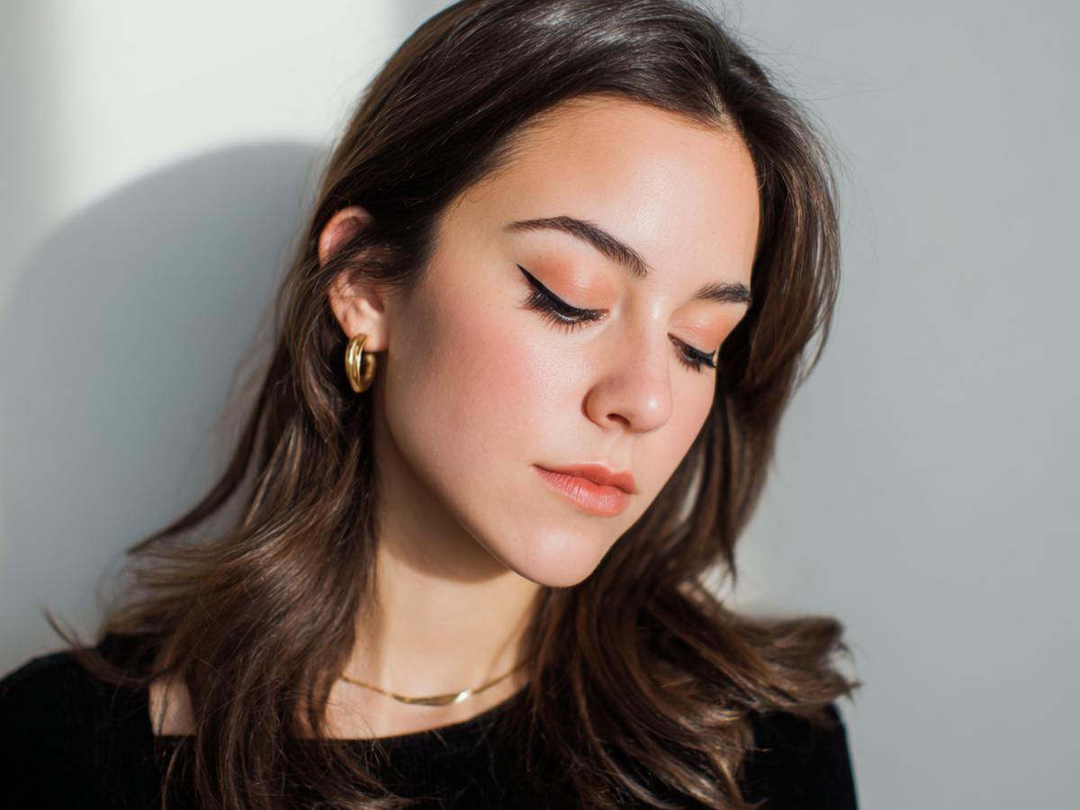 Zwarte Eyeliner Perzikkleurige Oogschaduw Gouden Oorring