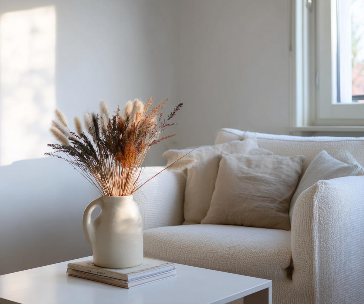 Vaas Met Droogbloemen Op Tafel