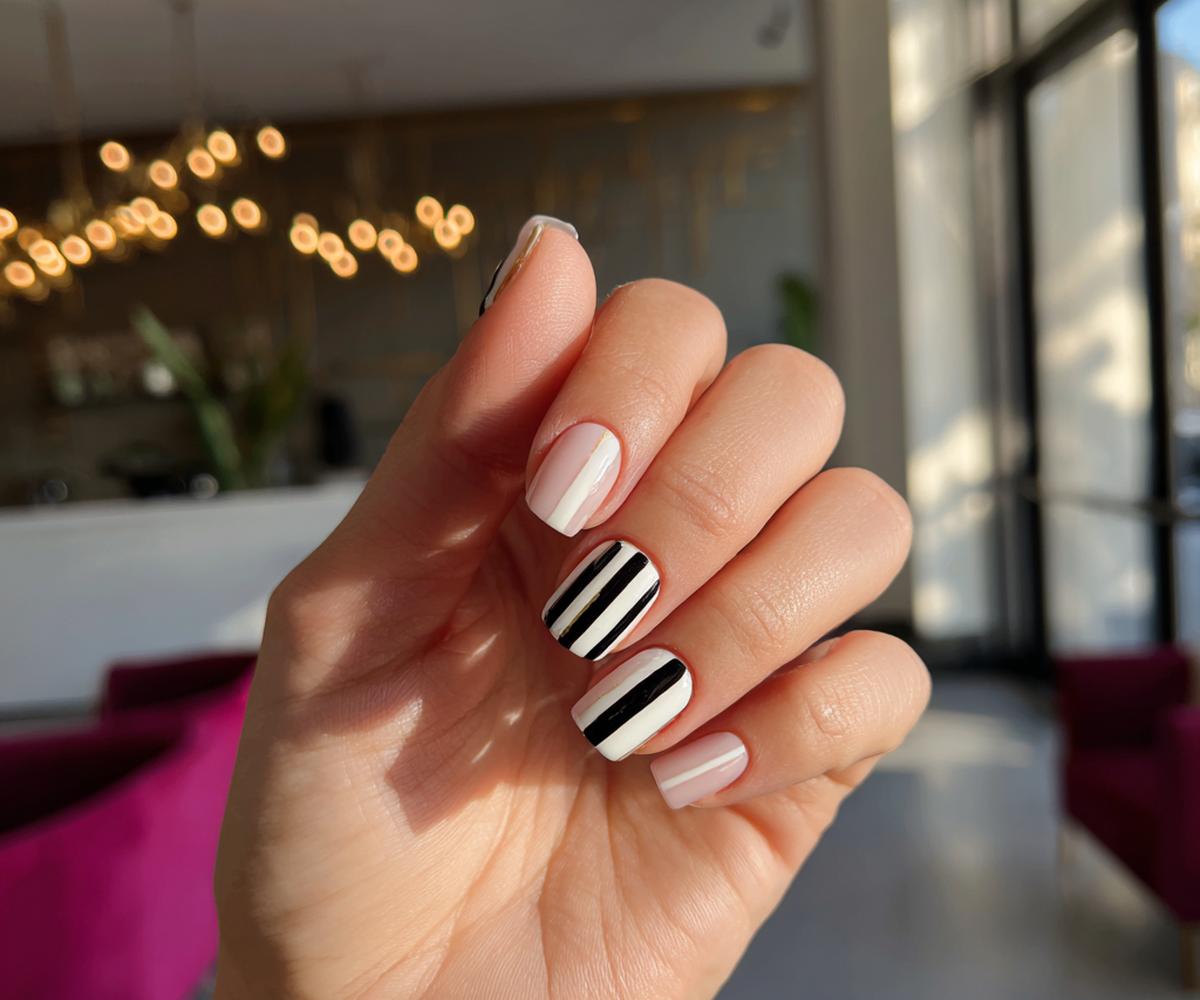 Zwart Wit Gestreepte Accentnagels