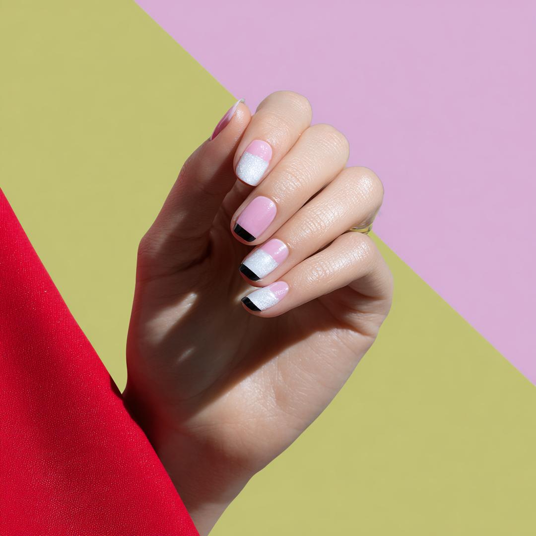 Roze Wit Geometrische Nagels Zwarte Tips