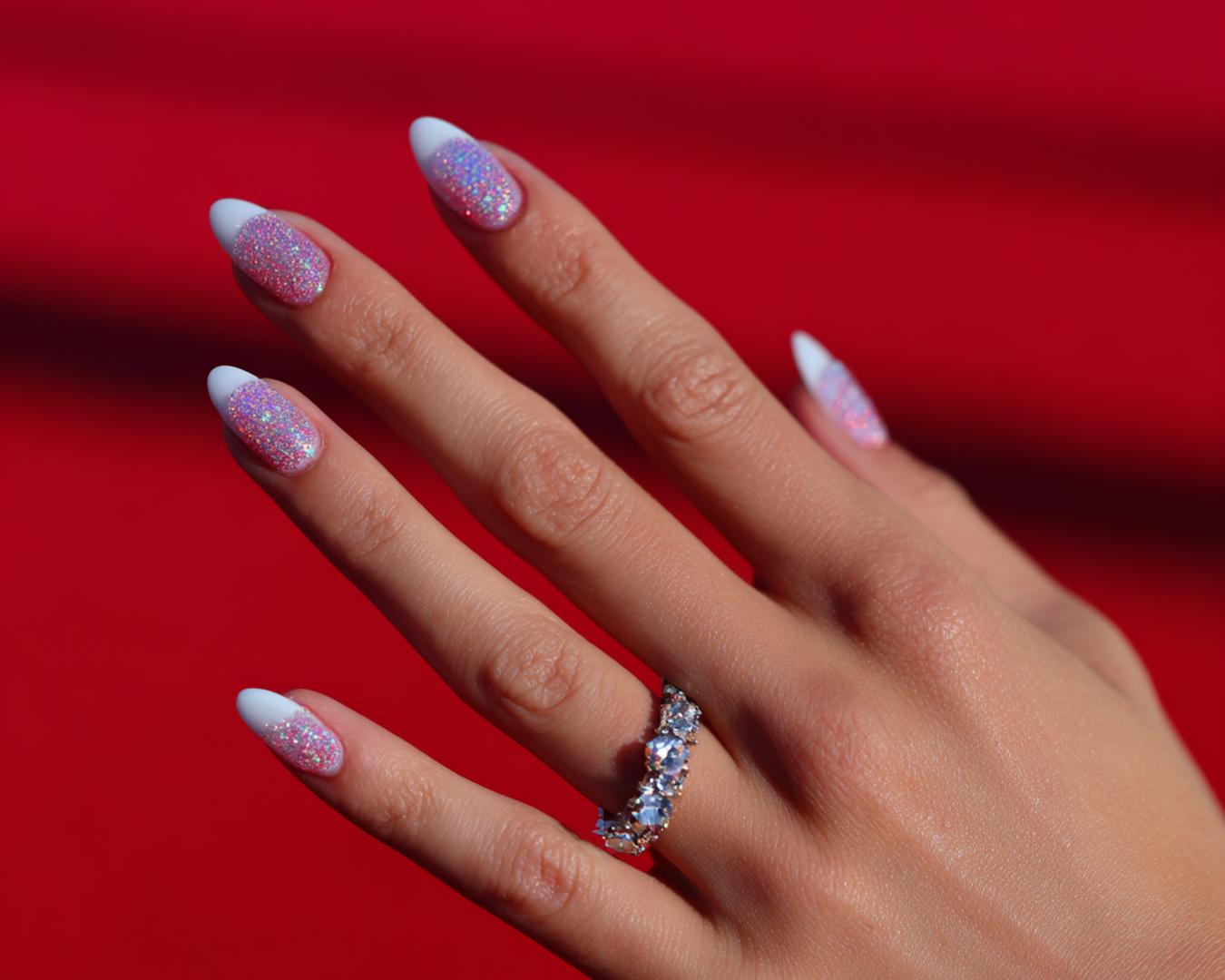 Pink Glitter French Almond Nails