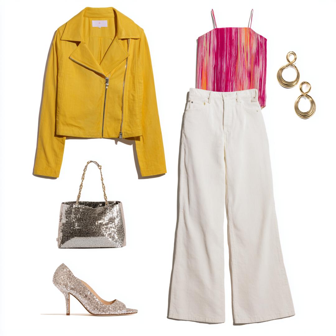 Gele Jas Witte Jeans Zilver