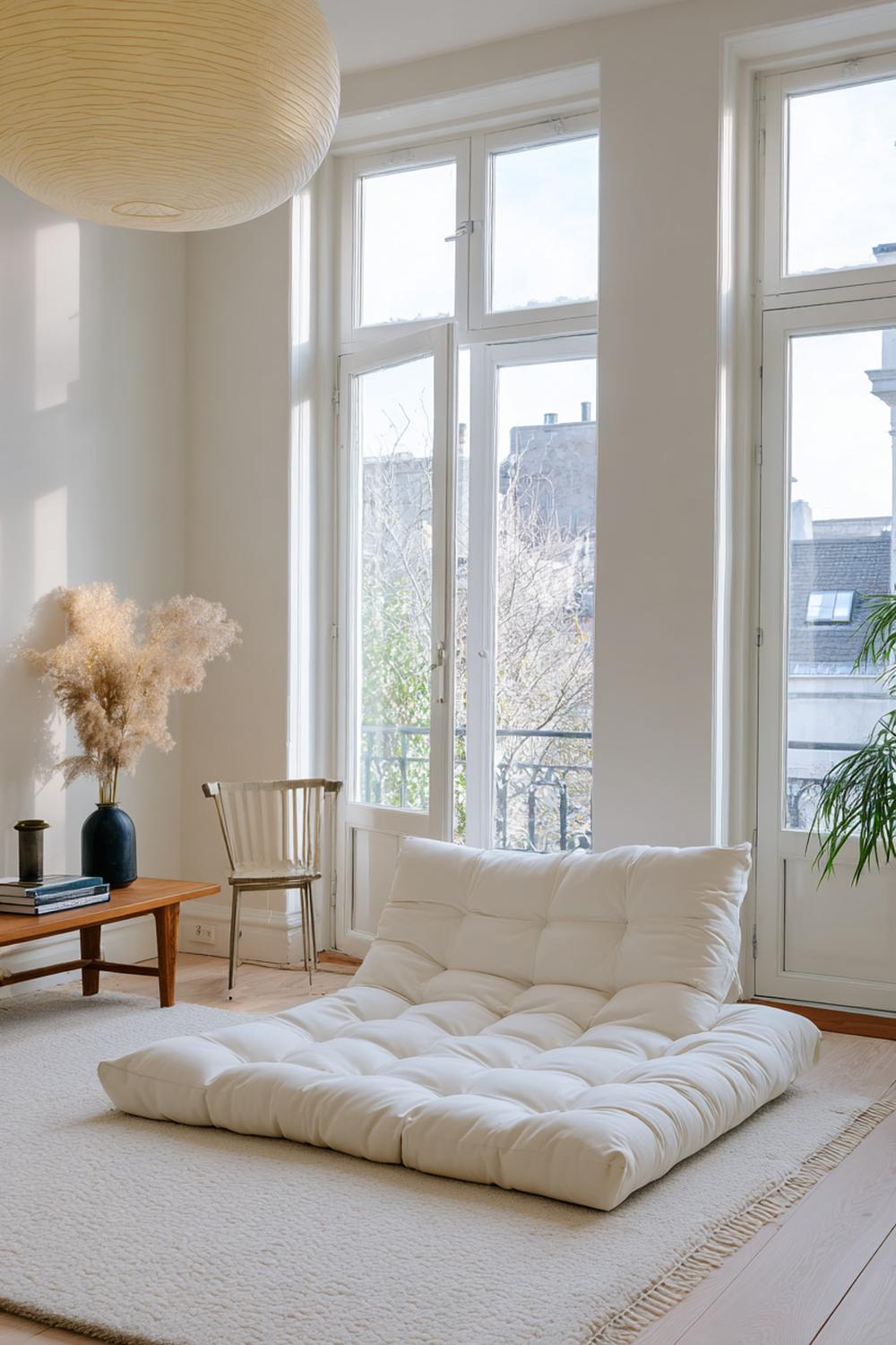 11. Japandi interiors met slaapkamer in off-white en lage futonlook