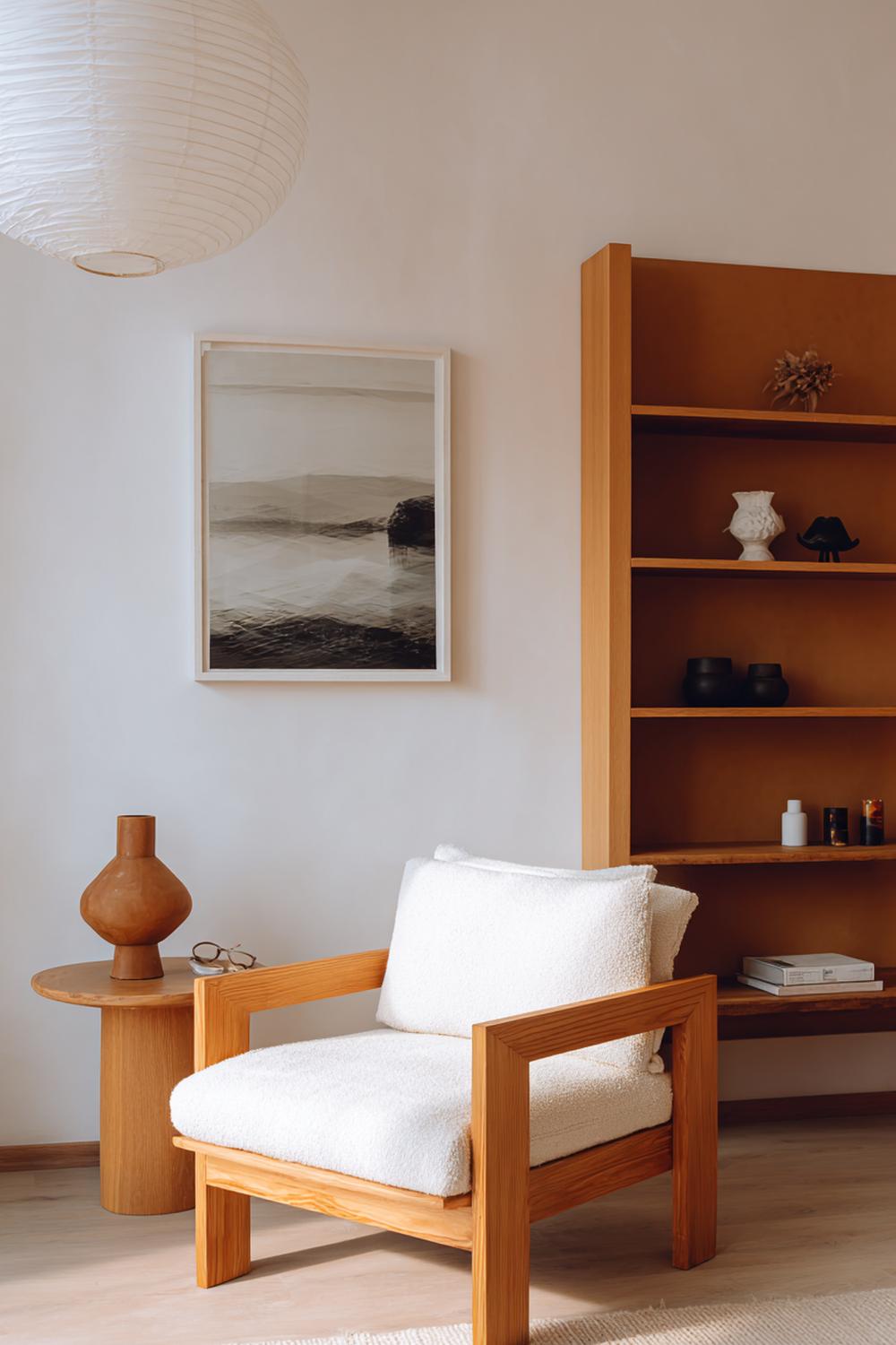 16. Japandi interiors met minimalistische kunst en houten lijst