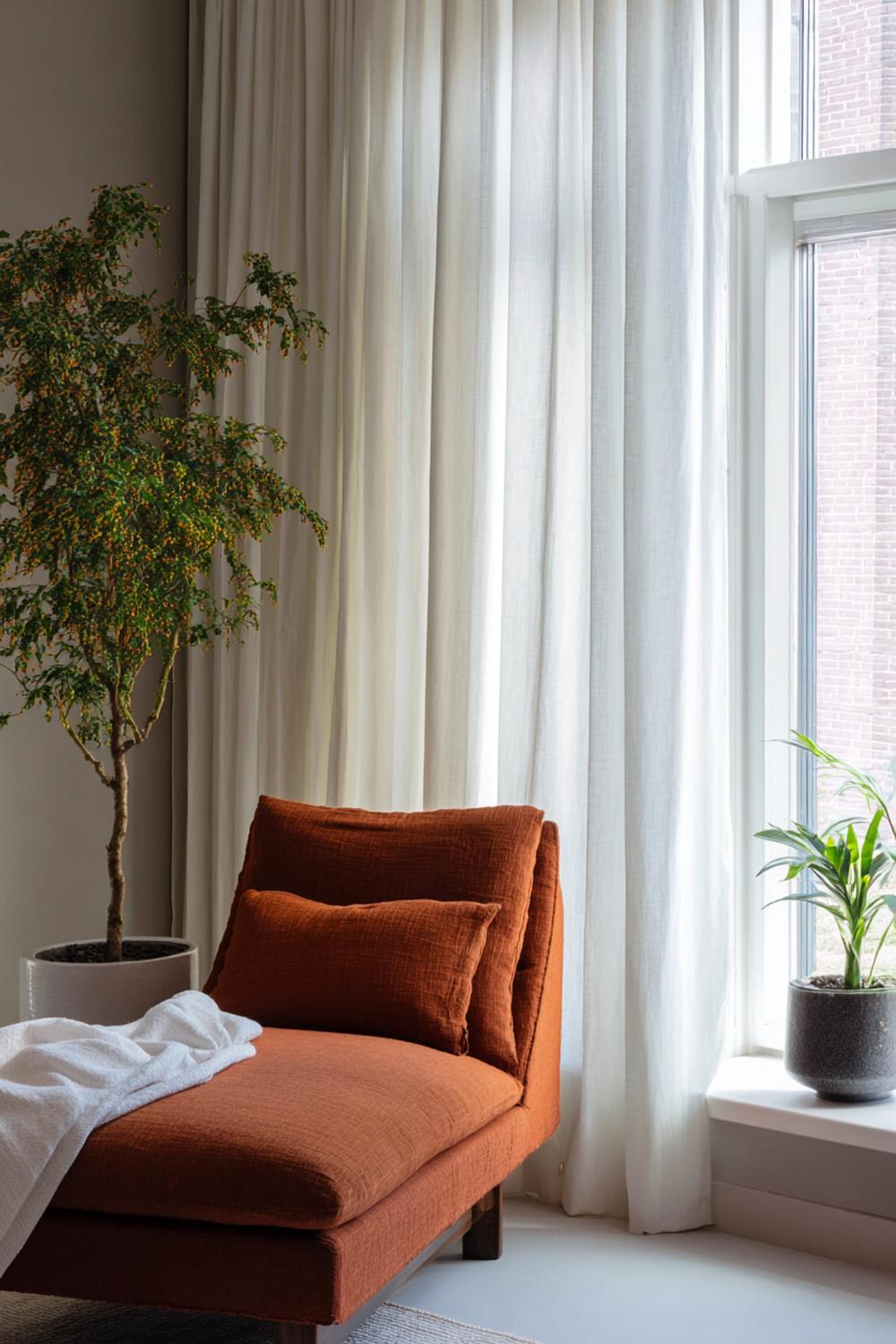 17. Japandi interiors met akoestische rust door zware linnen gordijnen