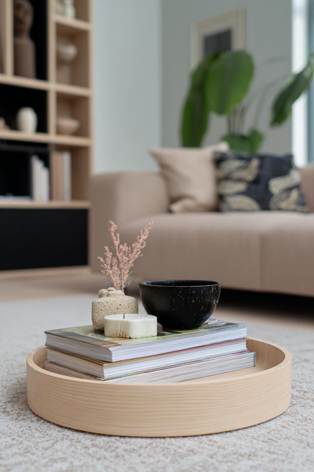 19. Japandi interiors met salontafelboek en houten dienblad