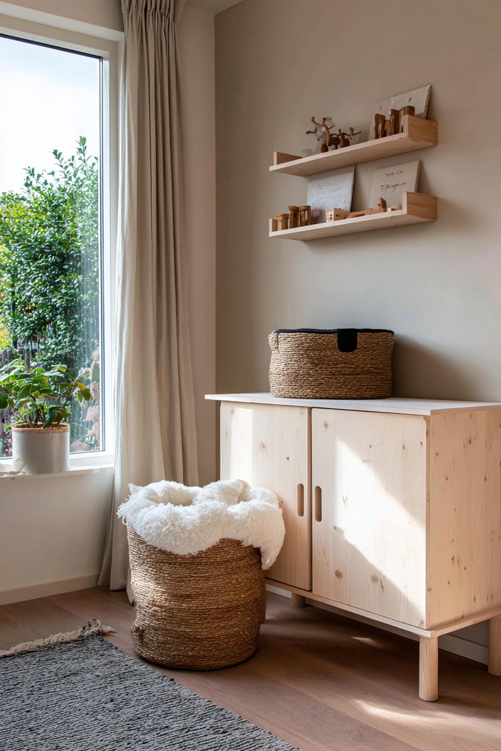 21. Japandi interiors met rustige kinderkamer en natuurlijke opbergmanden
