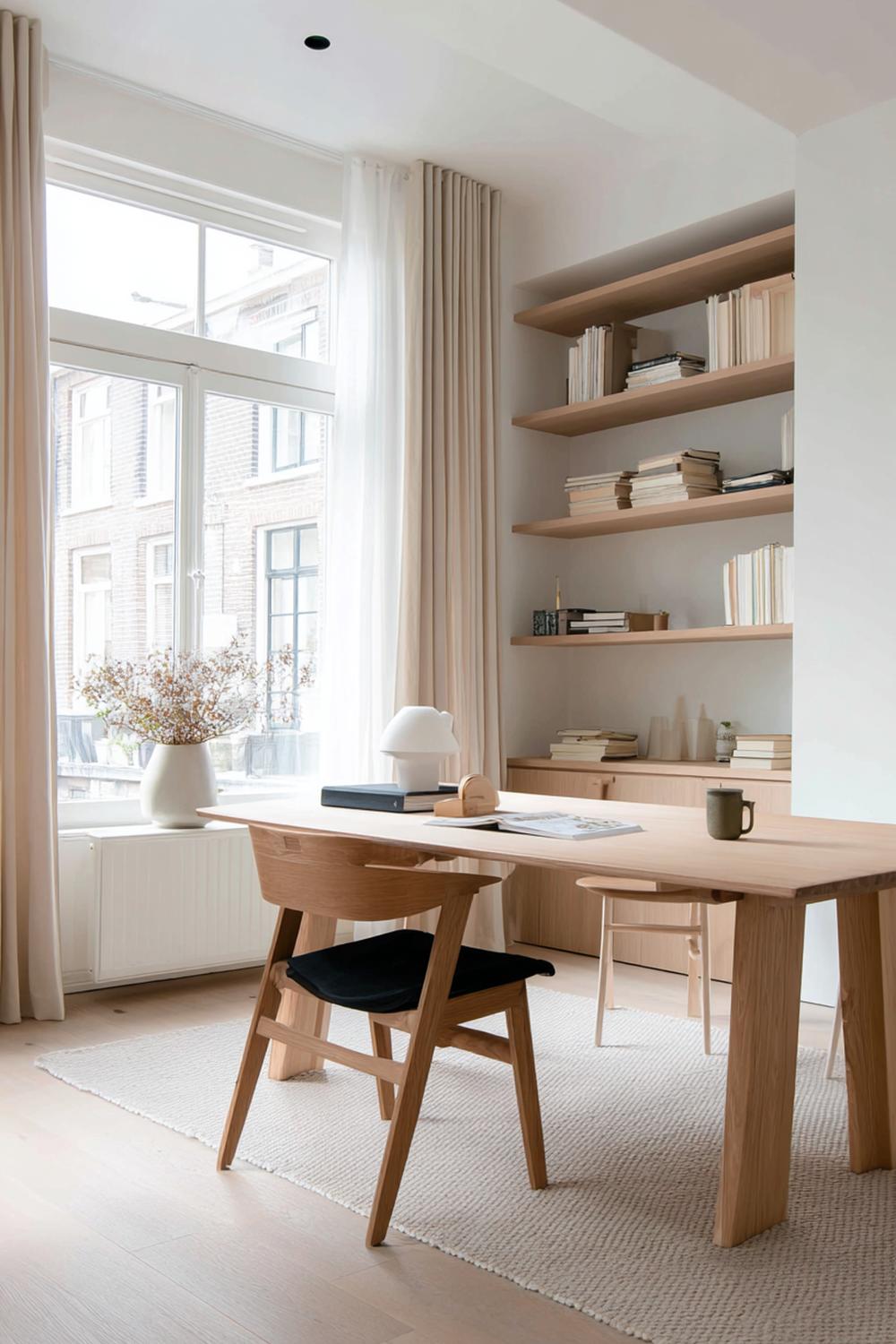 22. Japandi interiors met thuiskantoor in licht hout en minimal bureau