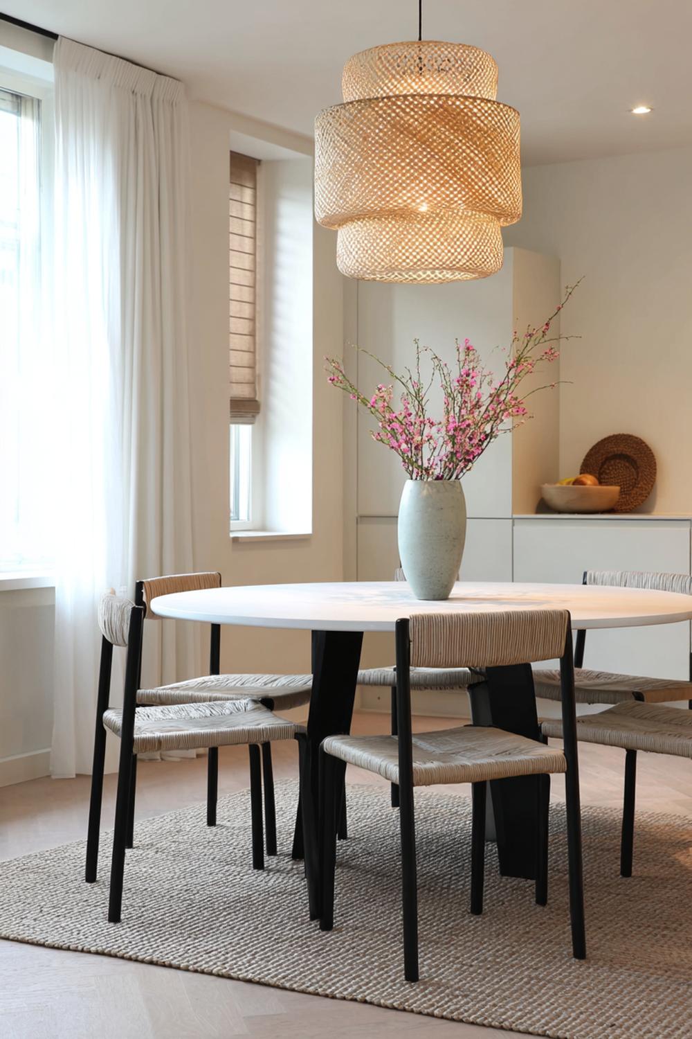 24. Japandi interiors met ronde eettafel en zachte stoelkussens