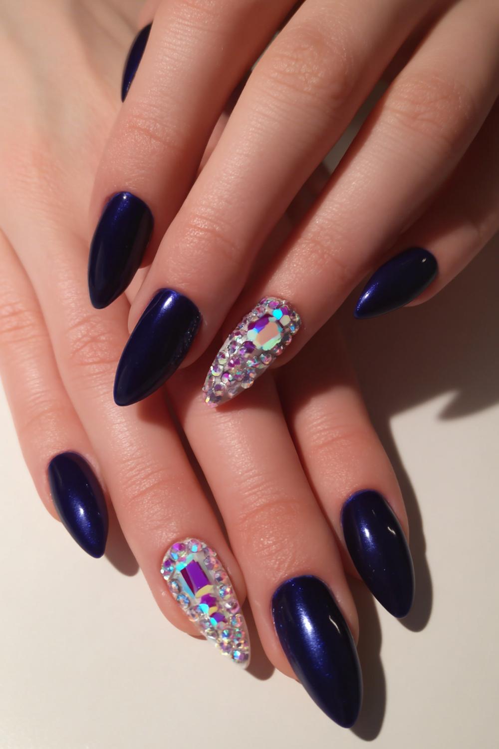 15. Jinx nails met kristalaccenten en diepblauwe velvet glans