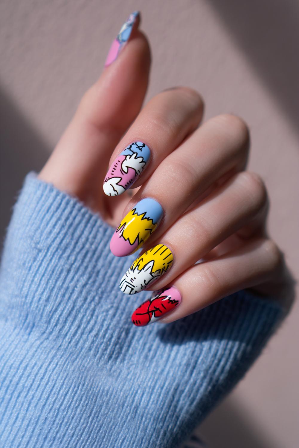 16. Jinx nails met comic-outline details en felle kleurvakken