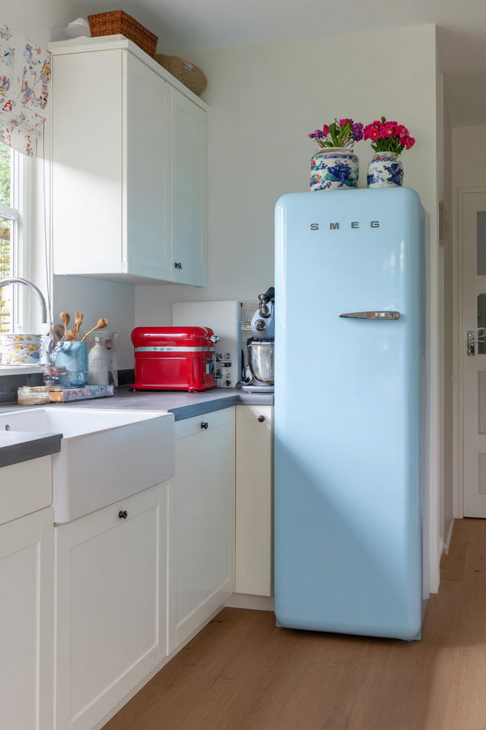 12. Keuken inspiratie met een pastelblauwe koelkast en retro accenten